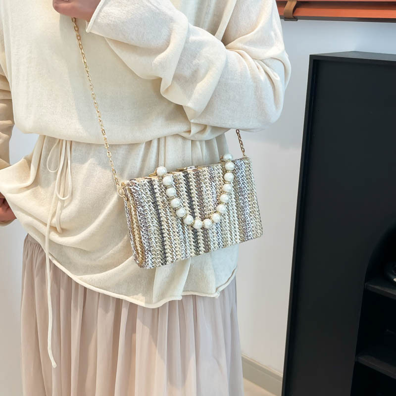 2025 Summer New Colorful Splicing Rainbow Weaving Small Square for Women, Fashionable and Versatile, Casual Chain, Single Shoulder Crossbody Bag