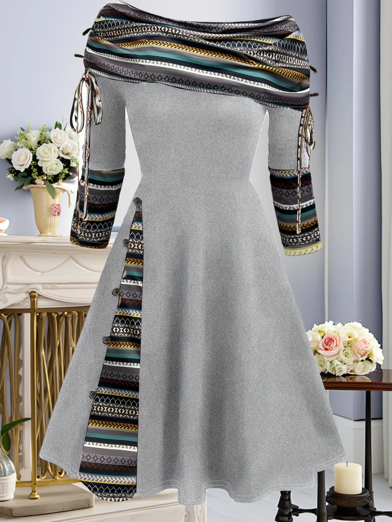 Plus sized womens dress long-sleeved knee-length elegant off-the-shoulder variable-neck striped flared long-sleeved A-line 250509