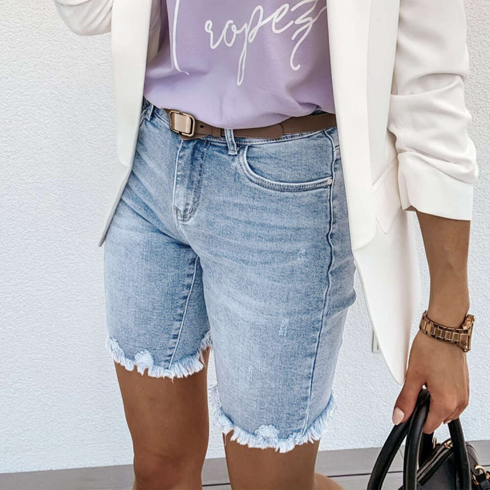 European and American summer ripped five quarter pants, fashionable fringed denim jeans, women's 2025 new casual fashion trend clothing