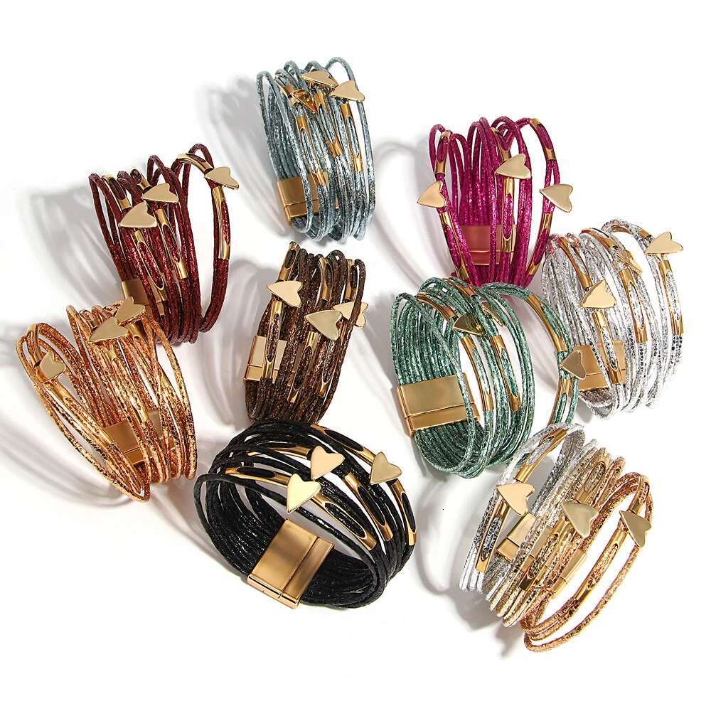 ALLYES Trendy Love Heart Wrap Leather Bracelets For Women Multilayer Glitter Filled Slim Strips Bangle & Bracelet Party Jewelry