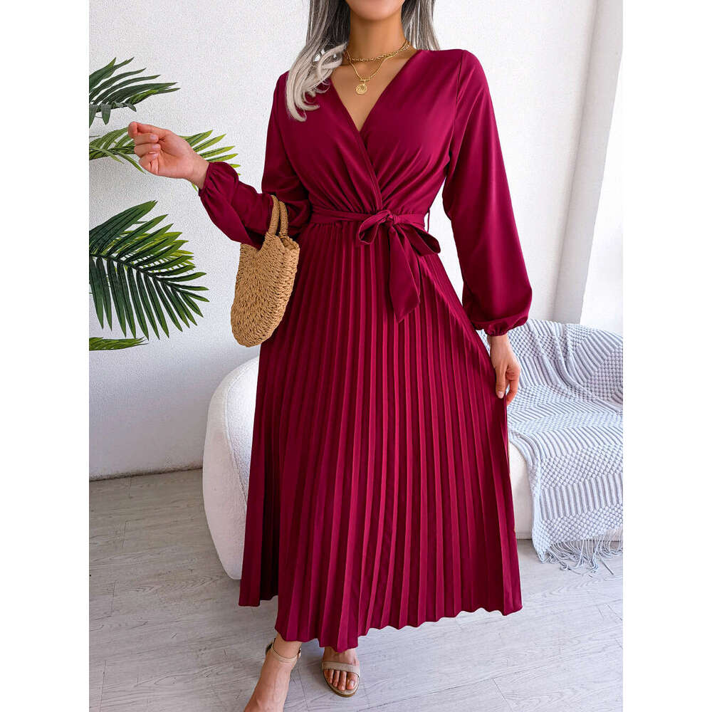 Explosive Real Shot European American Spring and Summer Style Cross V-neck Big Swing Hundred Fold Long Dress Women's 2025 New Casual Fashion Tren