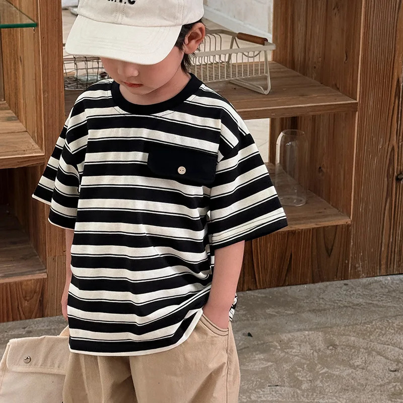 Kids Short Sleeve Boys and Girls T-shirt Summer Girls Striped Baby Top Cotton Childrens Clothing 250515