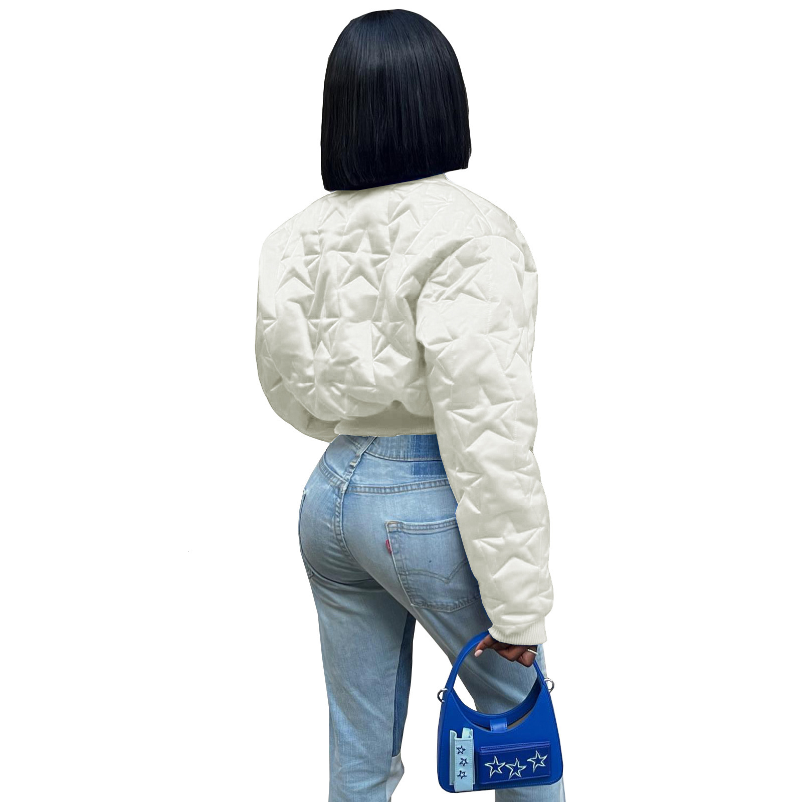 HR23092 Womens Star Embossed Thumb Clip Cotton Thickened Warm Jacket