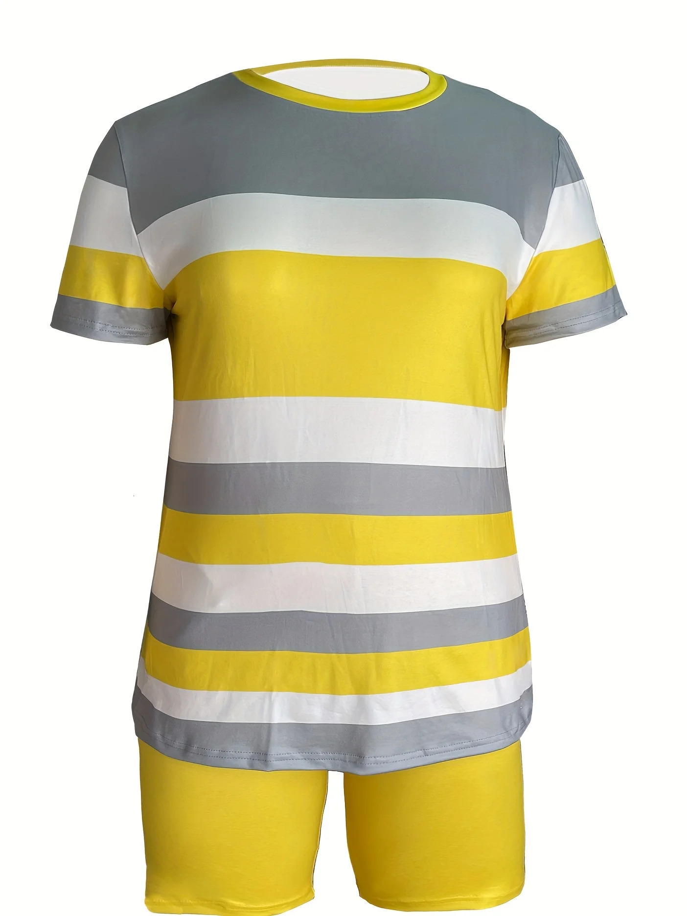 Trendy Plus Size Womens Two Piece Set Striped Short Sleeve Top and High Waist Shorts Casual Outfit 250514
