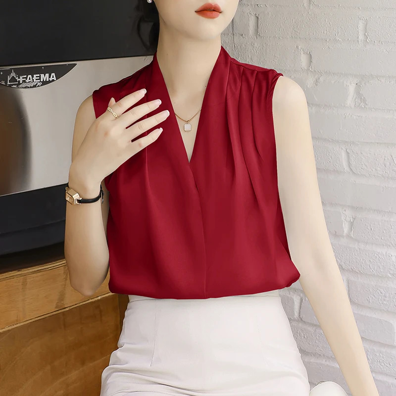 Summer Satin Tank Top Womens Blouses Sleeveless Solid Cross Vneck Casual Korean Elegant Vest Shirts for 250515