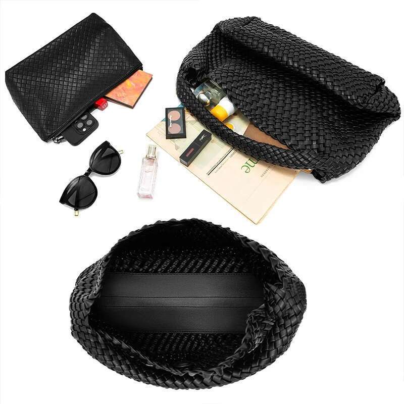 for Women Large Woven Handbag Soft Leather Shoulder Work Shopper Summer Beach Travel Tote Bag with Purse
