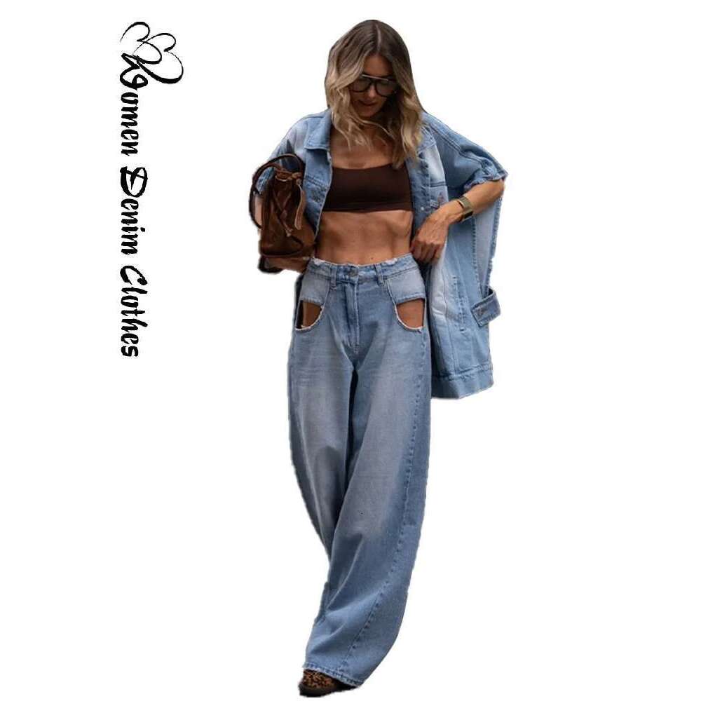 Women Oversized Denim Two Piece Set Trendy Loose Fit Jacket Matching High Waist Wide Leg Baggy Jeans Chic Streetwear Outfits
