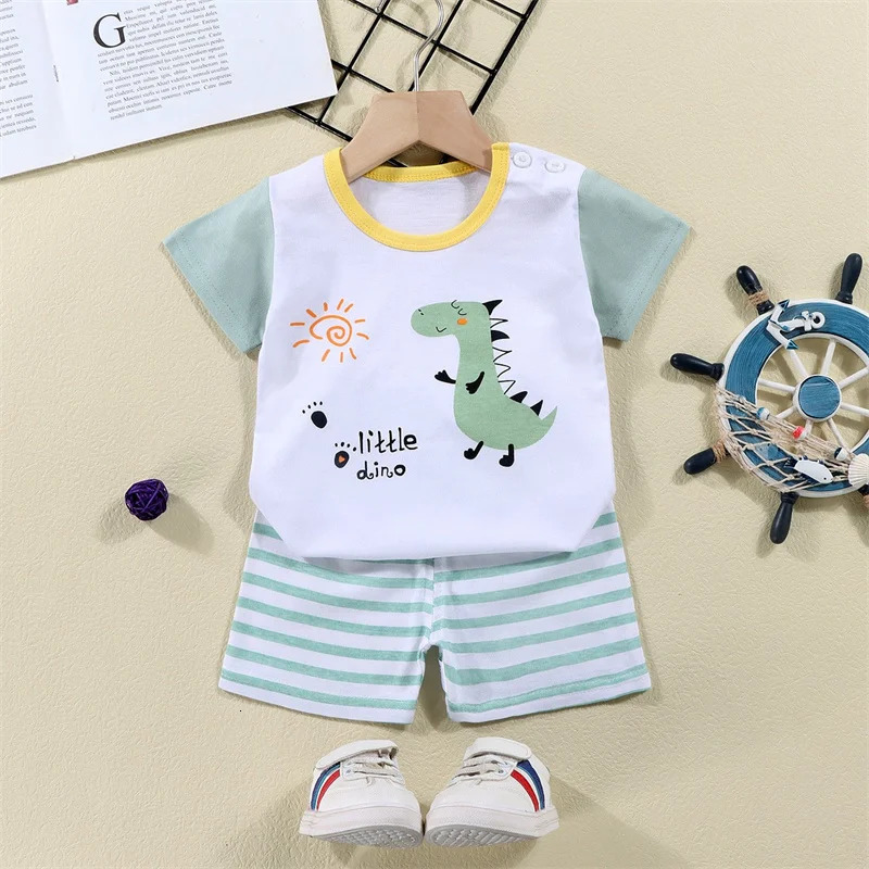 Cotton TeesShorts 2-piece Tracksuit Set Kid Cartoon Zebra Dinosaur Print Summer Suit Children Boys Girls Baby 1-6 Years Clothes 250515