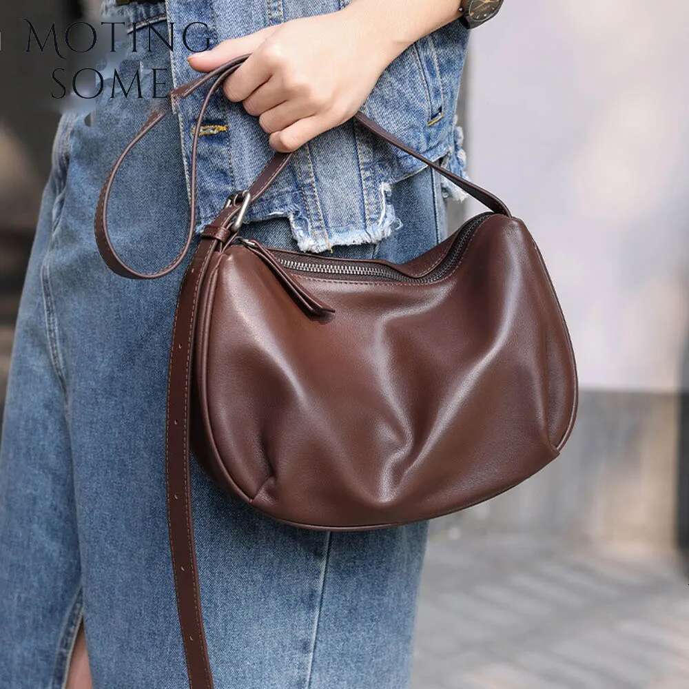 Motingsome Halfmoon Saddle Bag Woman Genuine Leather Handbag Fashion Underarm Satchel Designer Bags Lady Daily Purse 2024