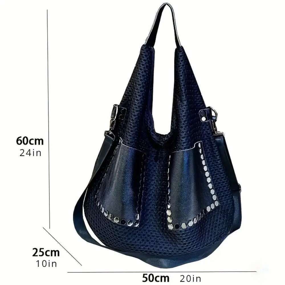 Retro mesh handbag, capacity shoulder punk style rivet stray bag, large women's bag