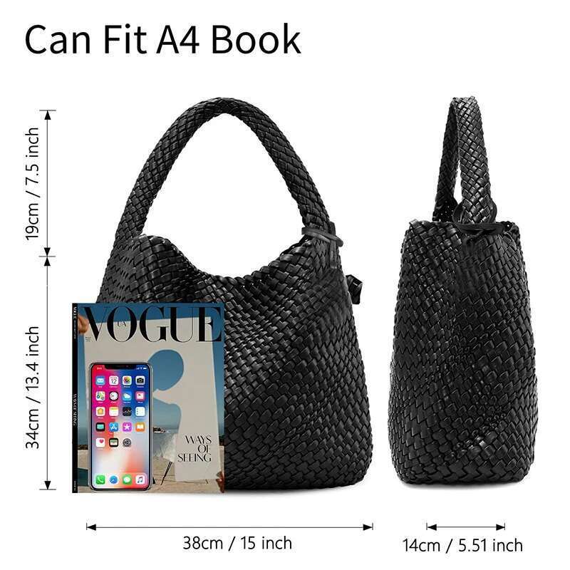 for Women Large Woven Handbag Soft Leather Shoulder Work Shopper Summer Beach Travel Tote Bag with Purse