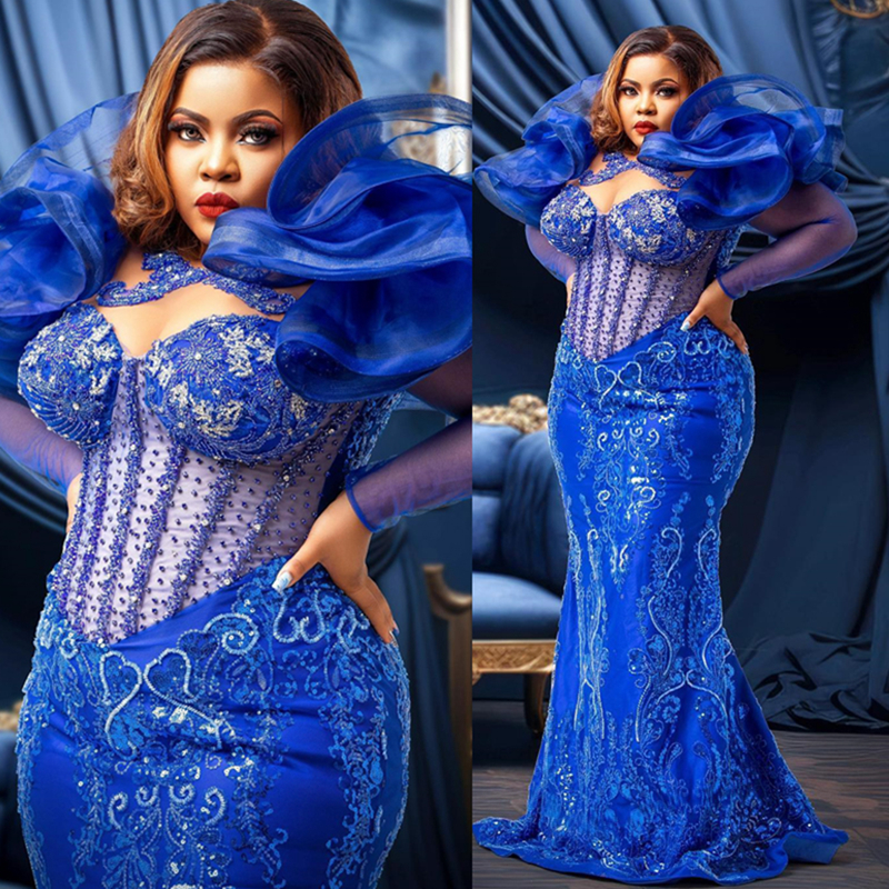 2025 Plus Size Royal Blue Aso Ebi Prom Dress Mermaid Prom Dresses Evening Formal Gowns Sheer Neck Beaded Lace Long Sleeve Birthday Dress Second Recept