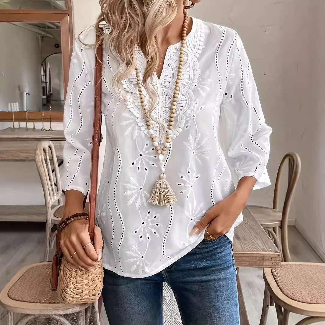 Fashion Vneck Long Sleeve White Lace Tops And Blouses Women Spring Casual Office Top Femme y Shirt For Womens 250515
