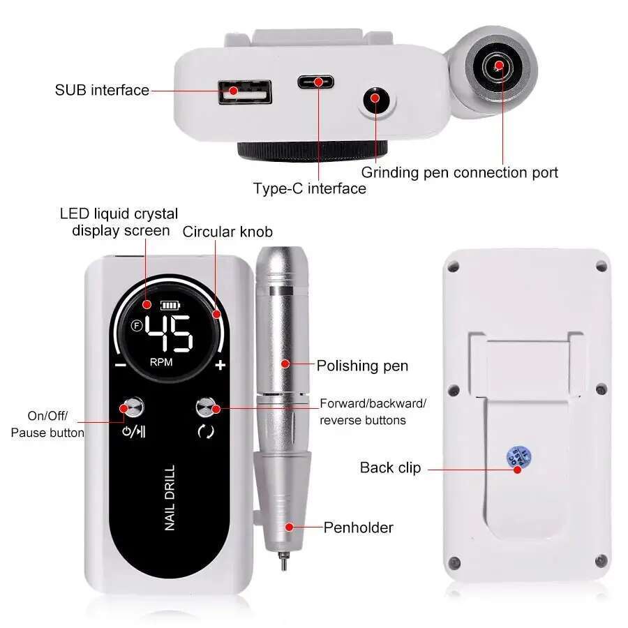 Professional 45000RPM Electric Portable Drill hine Rechargeable Low Noise Nail Sander File for Manicure Salon Tool