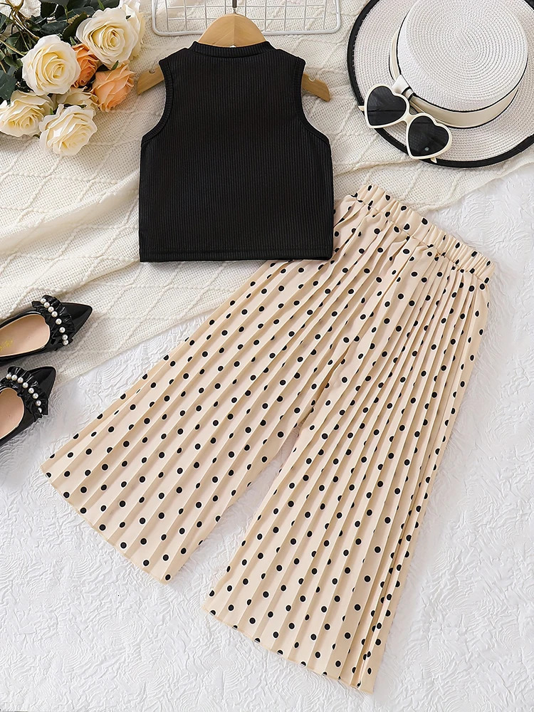 2pcs Girls Summer Round Neck Solid Color Pit Vest Casual Dot Print Pleated Fashion Pants Suit 250515