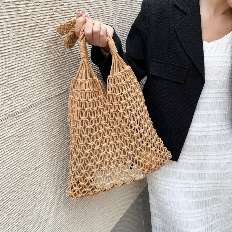 Solid Color Woven Shoulder Bag Summer Womens Hollow Out Versatile Vacation Bag Handmade Mesh Bag 250515
