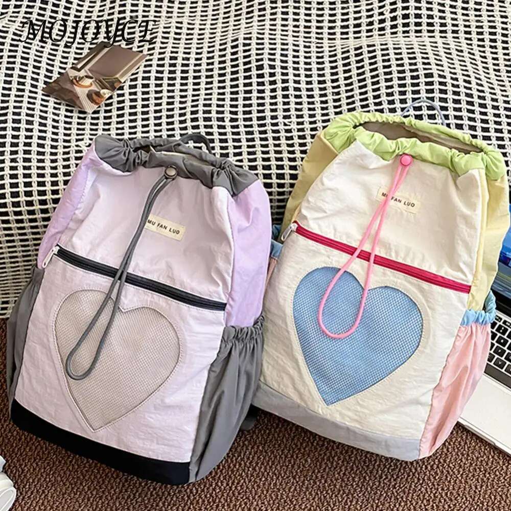 Bookbag Women Girls Color-Block Daypack Nylon Drawstring Laptop Backpack Adjustable Strap Rucksack for Travel School