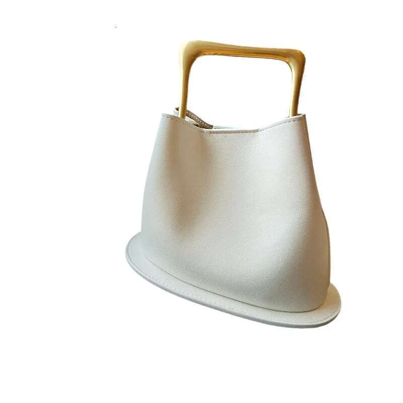 High-Grade Vintage Leather Wooden Handle Bucket New Irregular Niche Design Bag Casual Everything