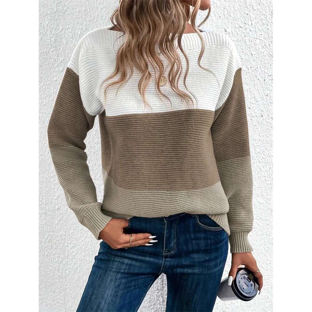 Elegant Three-Color Patchwork Sweater Women Daily Commuter Casual Loose Jumpers Female Autumn Winter Knitted Thickened Warm Tops Designer