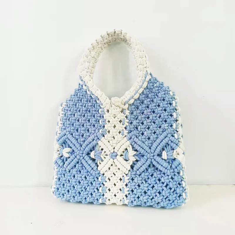 Cotton Rope Woven Bag for Womens Handheld Cute Womens Bag with Cute Hollow Mesh Pocket for Beach Vacation Womens Bag 250515