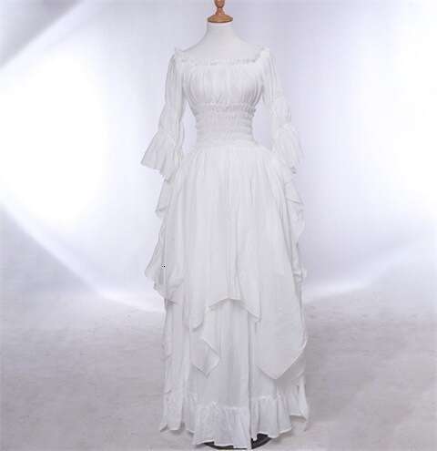 White Dress Maxi Dress Gorgeous Lace Flare Sleeves Gothic Cosplay Prom Princess Dress KQ