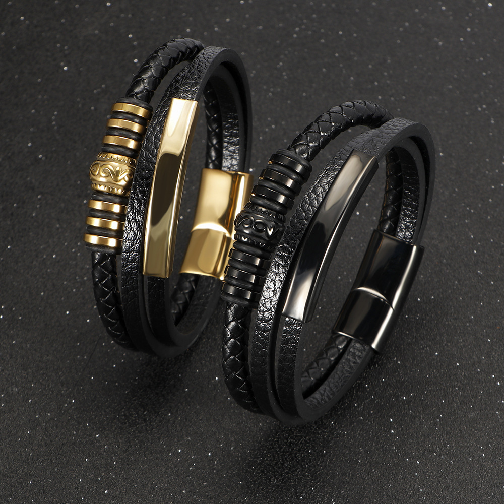 Men's Stainless Steel Vintage Leather Braided Bracelet with Magnetic Clasp, Multi-layered Design for Stylish Accessories - Wholesale