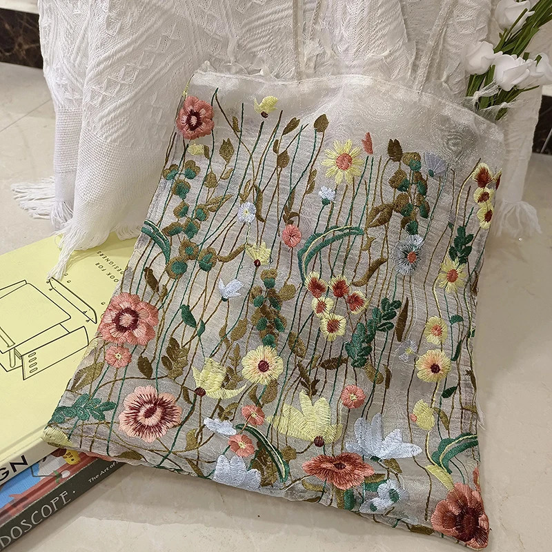 Selling European And American Fashion Womens Bag Mesh Full Hand Embroidered Flower Shoulder Bag Handbag Lace Tote Bag L 250515