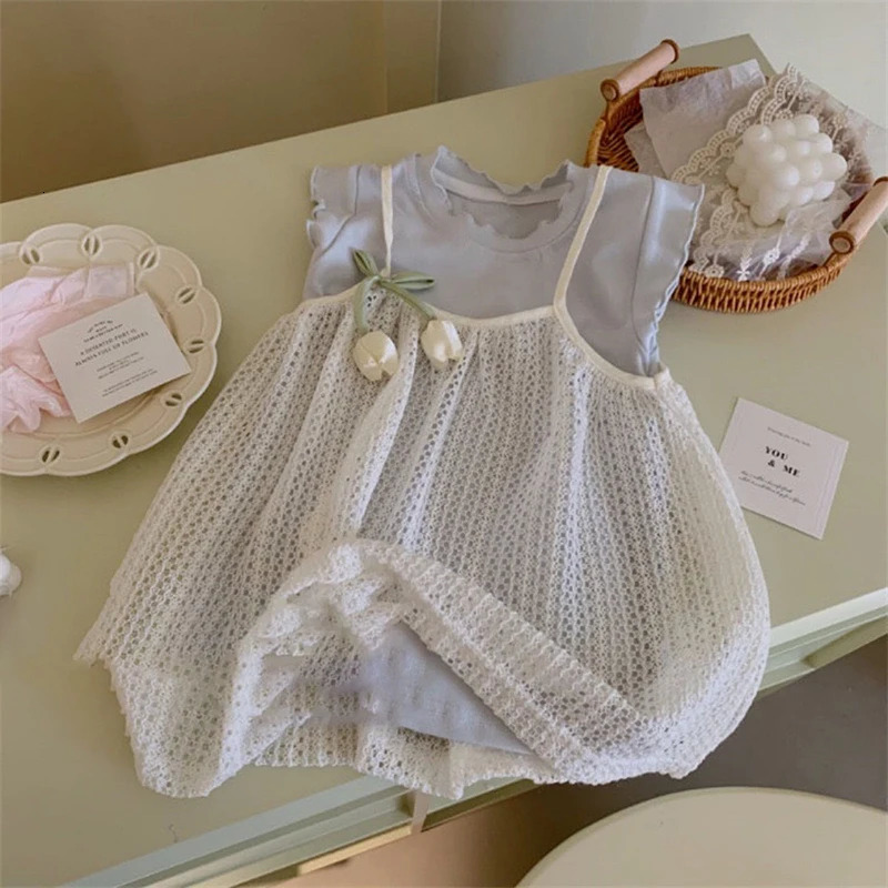 Childrens Clothing Blue ClothingCamisole Skirt set Summer Sweet Tulip Vest Knitted Skirt Korean Version Baby Set Stylish 250515
