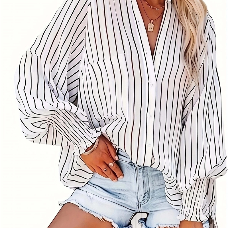 Womens plus size 1XL5XL button up long sleeved Vneck striped casual fashion breathable shirt w250506