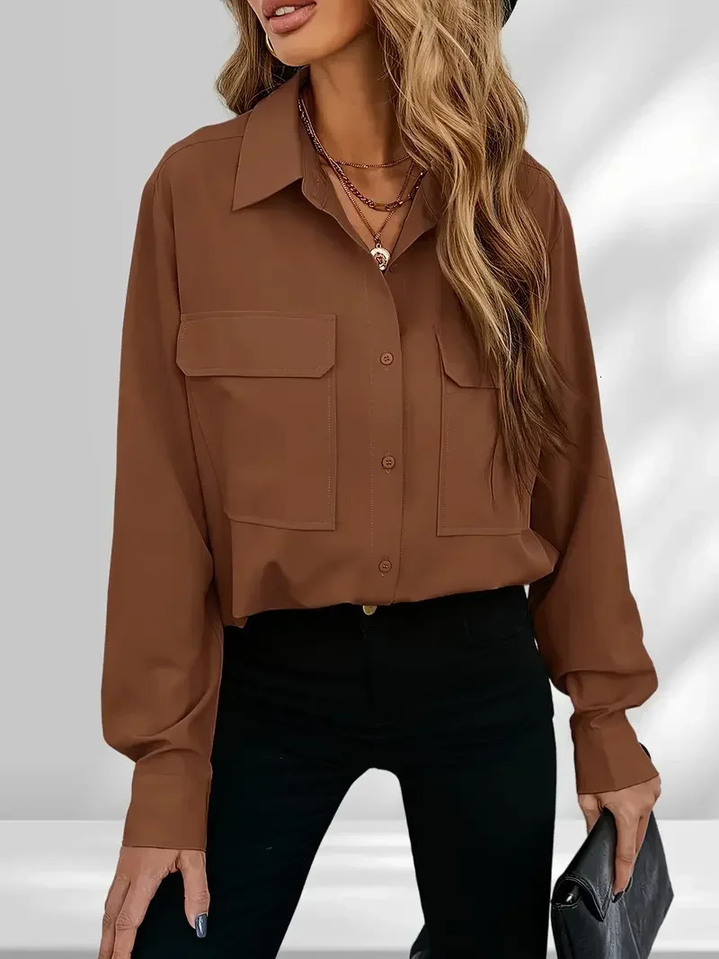 Plus Size 1Xl5XL Womens Fashion Blouse Solid Button Up Long Sleeve Turn Down Collar Pockets 250515