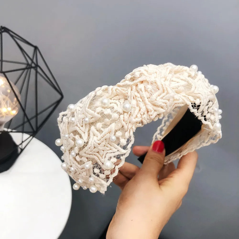 1 piece of lace knotted headband wide edge Korean style headband nail pearl Korean style headband for women 250509