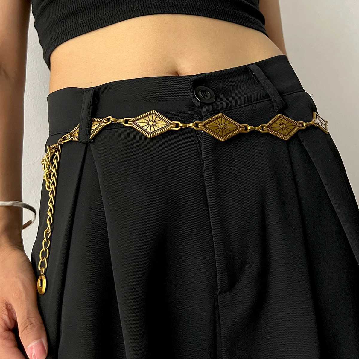 Vintage Gold Chain Belt Female rhombus Metal Lady Waist Punk Goth Belts For Women Silver Thin Waistband Pant Harajuku Accessory Y250515