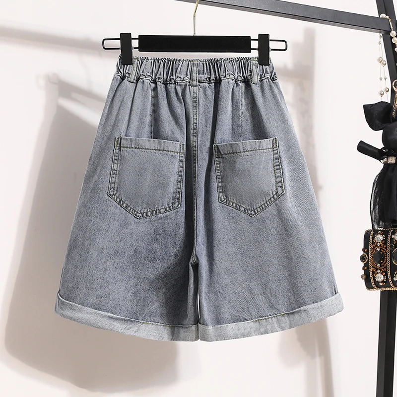 Plus Size Shorts For Women Summer Arrivals High Elastic Waist Crimping Wide Leg Loose Streetwear Blue Jeans Shorts 250514