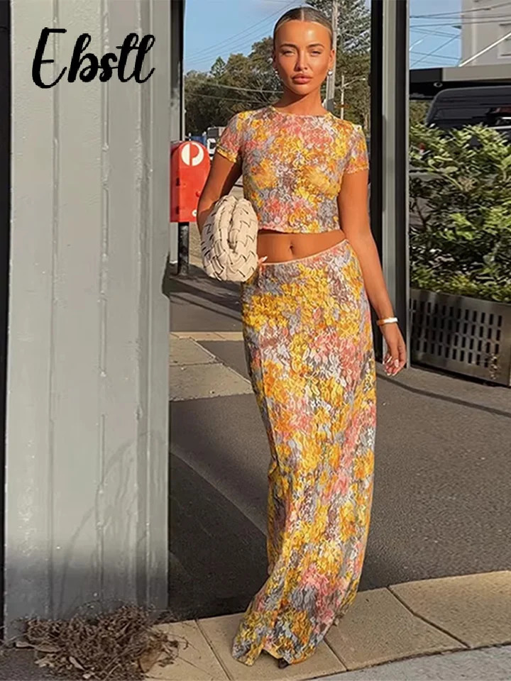 Fashion Printed Crop Top Skirts Set Women Sexy See Through Short Sleeve Shirt Slim Fit Long Skirt Summer Lady Beach Outfit 250515