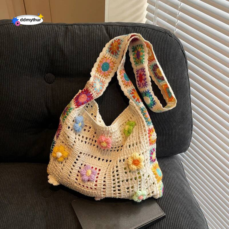 Large Capacity Boho Tote Bag Trendy Floral Crochet Vintage Multicolor Cut-out Knitted Handbag Fashionable Hollow out ddmythur