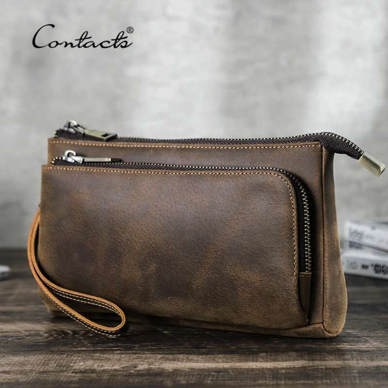 Contact's Genuine Leather Men Clutch Design Handbag Long Wallet Male Purse Travel Charge Storage Bag Cable Organizer