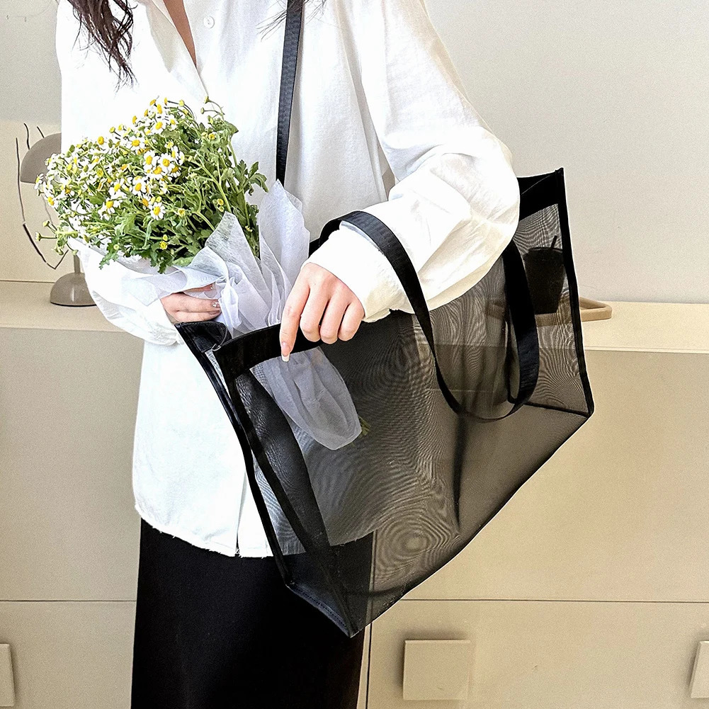 Fashion Large Capacity Mesh Shoulder Bag with Solid Color Top Handle for Summer Vacation Travel and Shopping 250515