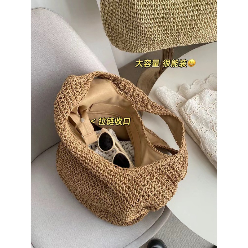 New single shoulder large capacity women's summer canvas beach vacation bag woven bag casual designer fashionable lazy style hand-held woven bag 