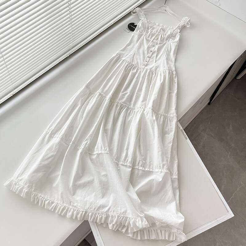 White Dress Maxi Dress Summer New Lazy Vacation Style Pleated Edge Front Button Design Extra Long High-End Goddess Dress, Big Swing Skirt KQ