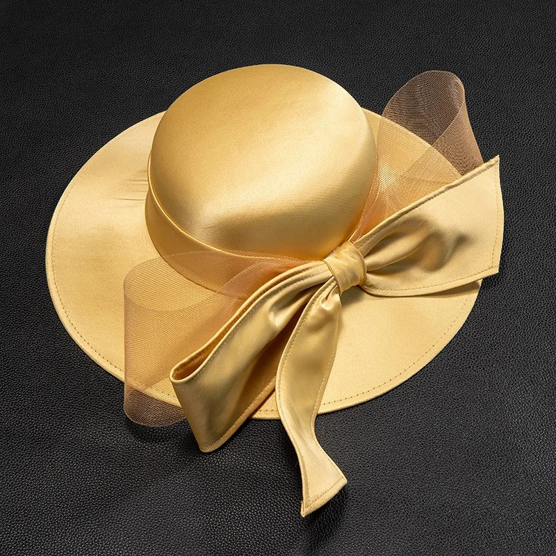 Women Chruch Satin Fedora Hat Women Elegant Wedding Fascinator Bow Party Chapeau Femme Vintage Chapeu marca de luxo 250514