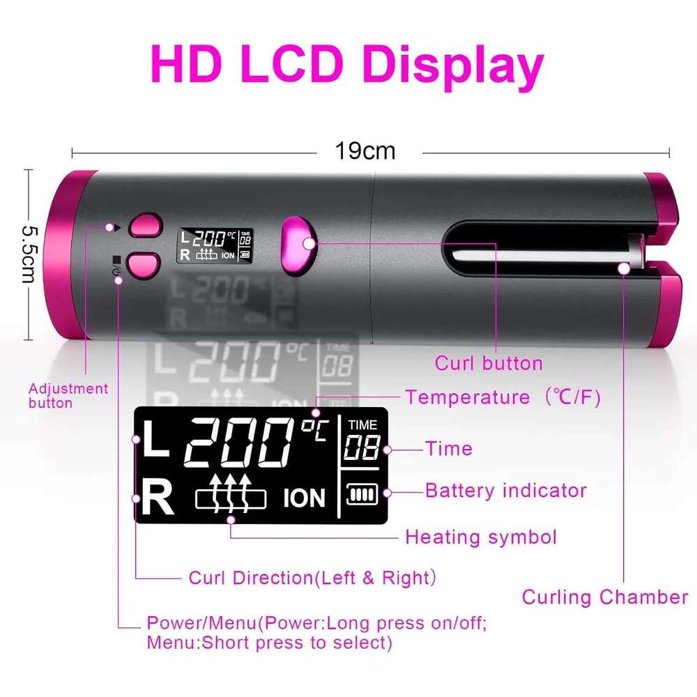 Automatic Wireless Cordless Rotating USB Rechargeable Curling Iron Display Temperature Adjustable Timing Hair Curler