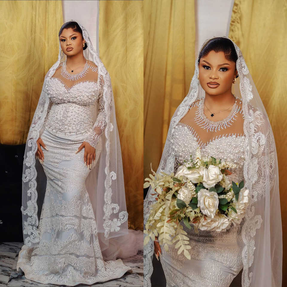 Vintage O Neck Mermaid Wedding Dress Luxury Long Sleeve Lace Bridal Dress Beads Pearls Floor Length Customized vestidos de novia