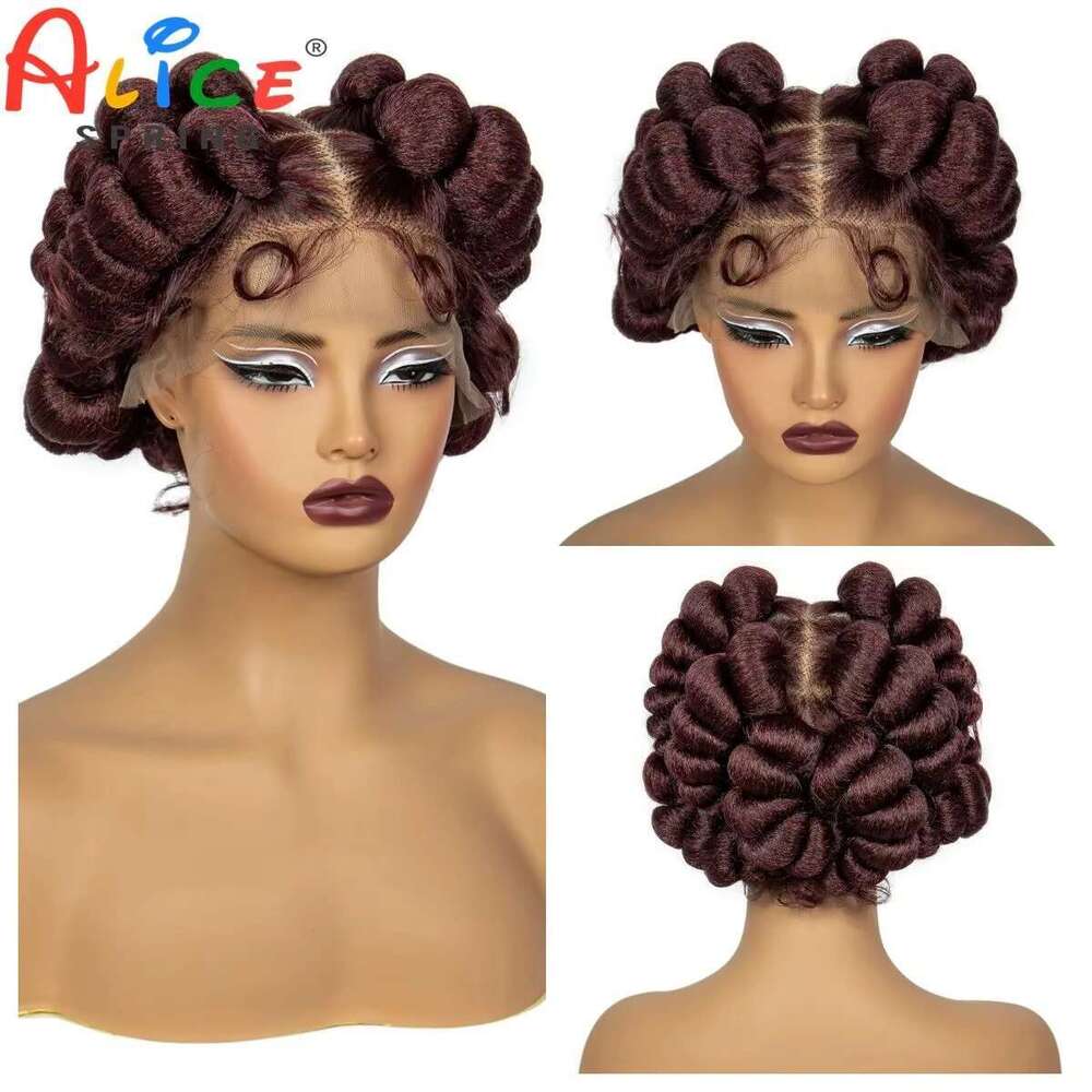Bury 99J Handmade Bantu Wigs with Baby Hair Short Cute Synthetic Full Knotless Braided Lace Wig For Black Women