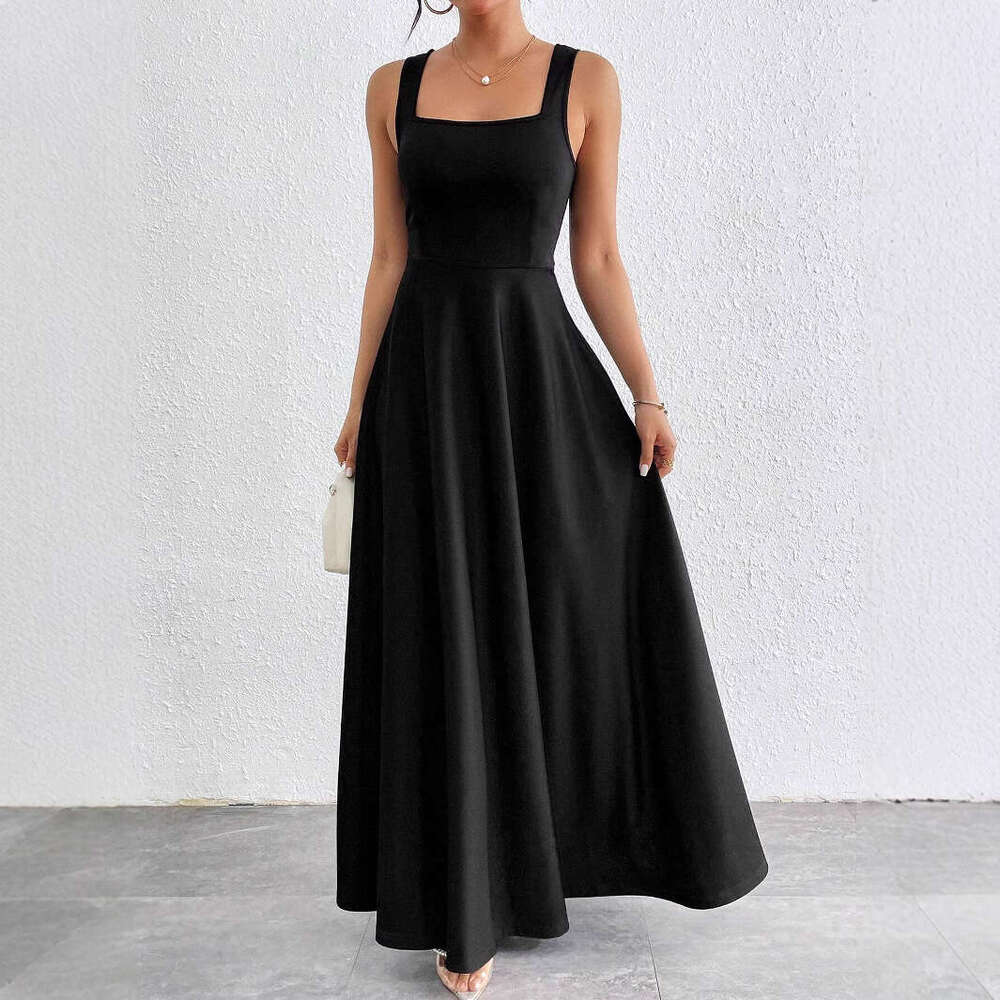 White Dress Maxi Dress Ladies' Summer New Square Neck Sleeveless Top Solid Color Ultra Long Jumpsuit With Loose Waist, Elegant In All Seasons KQ