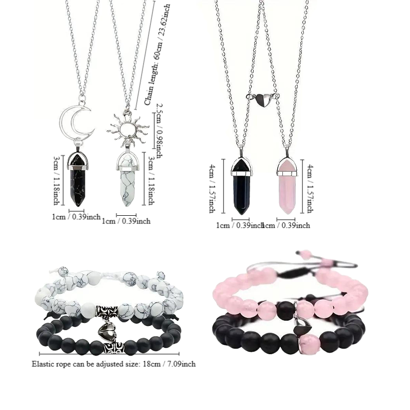 8Pcs Natural Stone Magnet Heart Sun & Moon Lover Bracelet and Necklace
