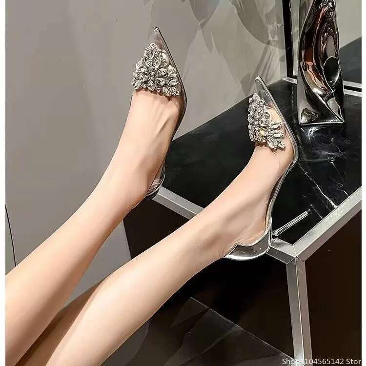 New Pointed Crystal Fairy Ladies Wind Rhinestone Butterfly-knot Transparent High Heel Women Sandals Fashion Shoes 2024