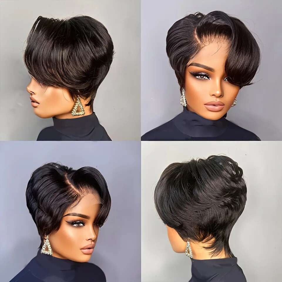 natural black color cut short curly 6inch 150% density daily party use remy wig pixie 13x1 T lace human hair wigs