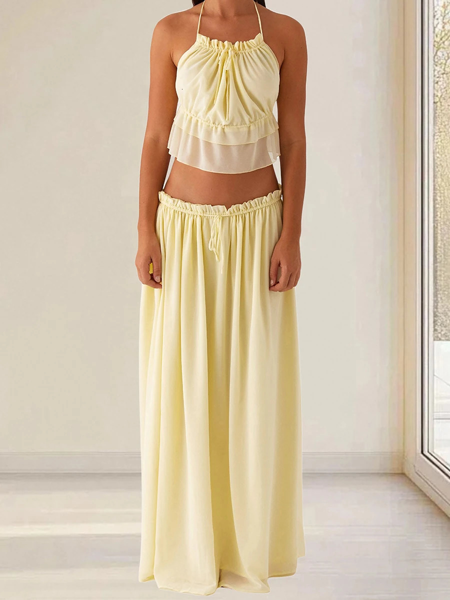 Womens Floral Print Crop Top and High Waisted Maxi Skirt Set for Summer Vacation Beachwear Outfit 250515