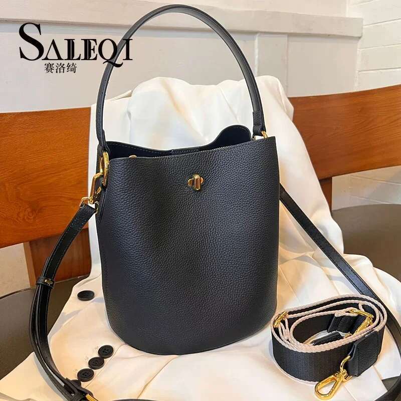 Genuine Leather New soft cowhide bucket wide shoulder straplarge capacity contrasting color handbag commuting women's bag