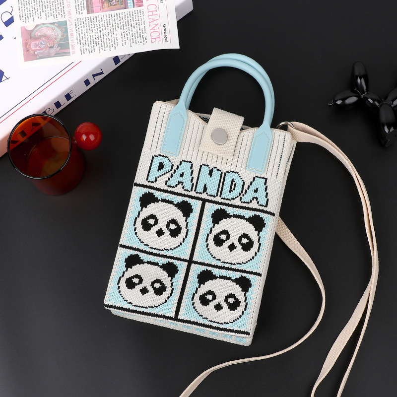 High quality style Korean series knitted panda niche single shoulder slanted mobile phone bag handbag new free delivery designer bag